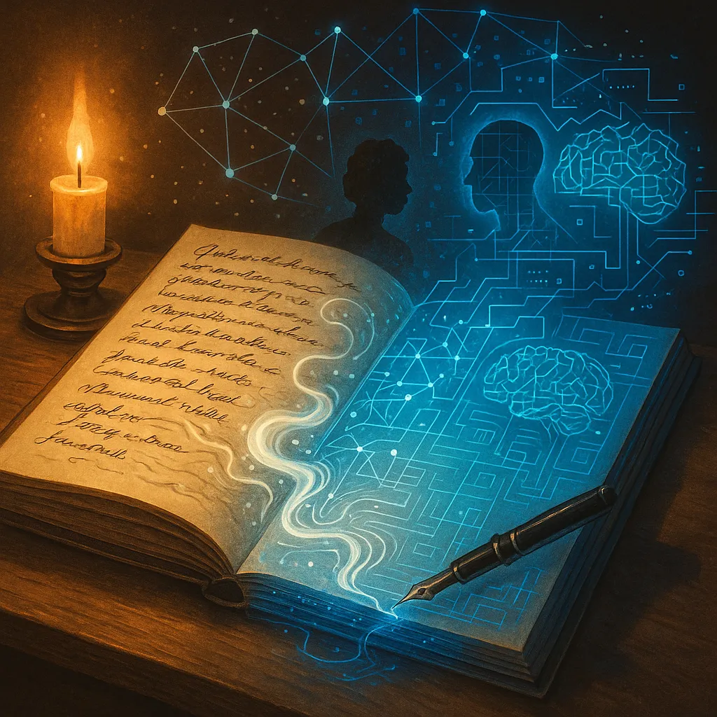 An open notebook by candlelight, handwriting flowing into glowing blue circuit lines on the facing page