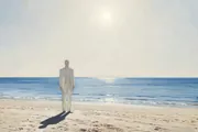 An impressionistic painting of a lone figure on a sunlit Algerian beach under a harsh white sun, evoking Camus's The Stranger