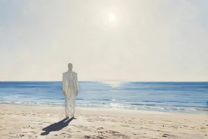 An impressionistic painting of a lone figure on a sunlit Algerian beach under a harsh white sun, evoking Camus's The Stranger