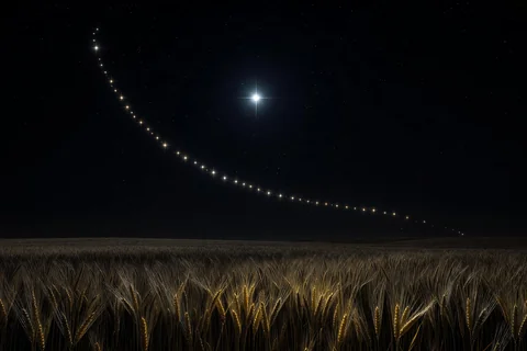 Spica, blue-white and alone, low over a dark field of ripe grain with the Big Dipper's arc above