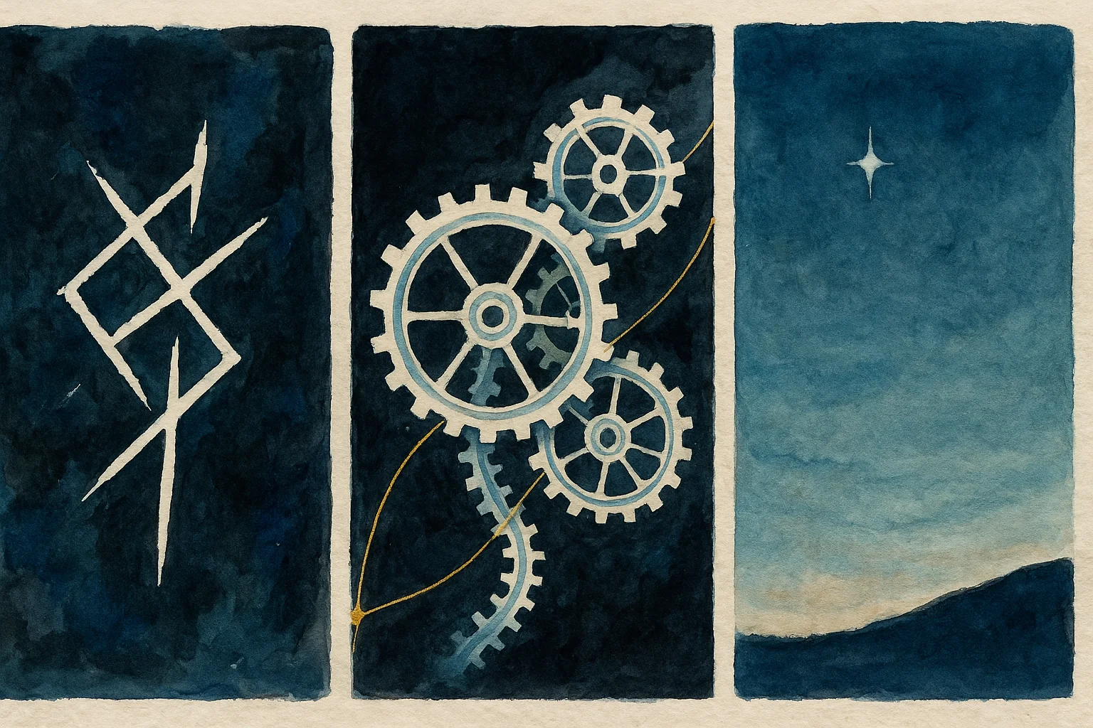 Triptych showing three phases of the decan cycle - Initiate (chaotic explosion of light), Flow (smooth momentum waves), Reflect (crystalline integration patterns)