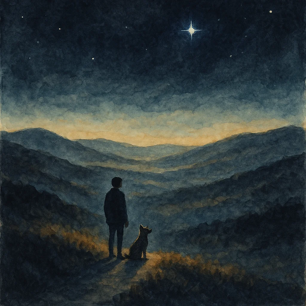 Dog resting peacefully on desert foothills trail, expansive mountain vista behind, golden afternoon light, embodying dignified exhaustion and earned rest