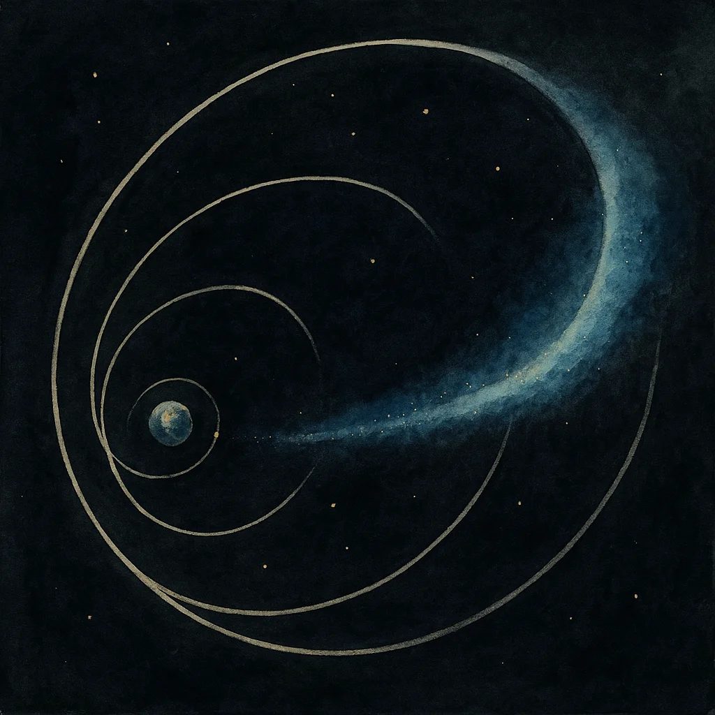 Cosmic map showing Earth's motion through space - rotational velocity, orbital velocity, galactic drift, and the Great Attractor gravitational pull visualized as concentric motion vectors
