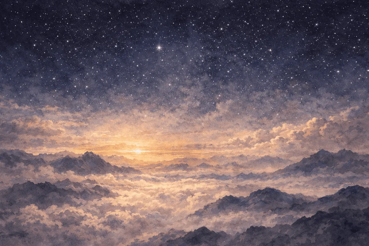 A sea of glowing clouds between dark mountain ridges at dusk, one bright star above