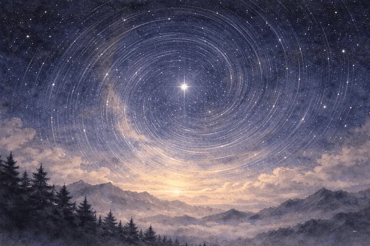 Star trails circling a single bright star above pine trees and snowy mountains