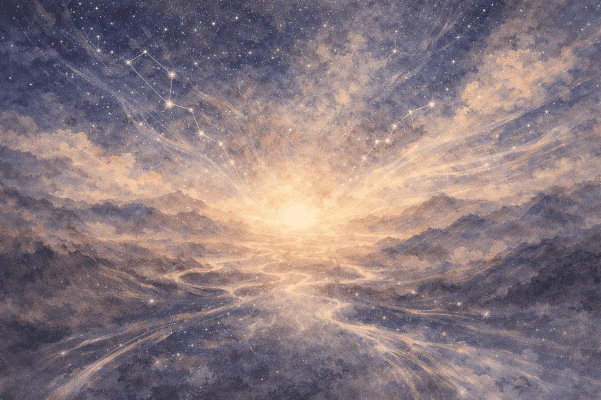 Light streaming up from a bright horizon between mountains, a constellation traced in the sky