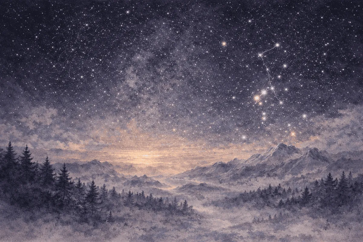 Orion rising over a snowy pine forest and distant mountains under a starry sky