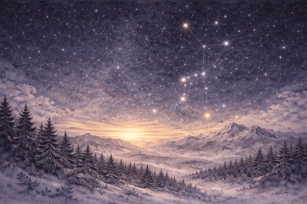 Orion and red Betelgeuse above snowy pines and a glowing horizon