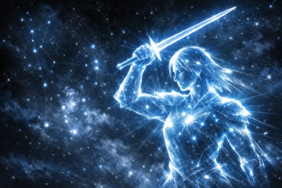 A warrior figure of blue starlight swinging a sword overhead among the stars