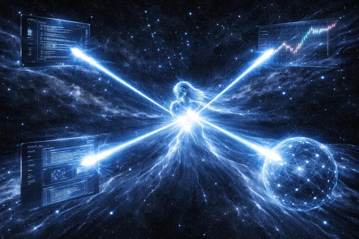 A glowing figure at the crossing of four beams of light that link code screens, a trading chart and a star globe
