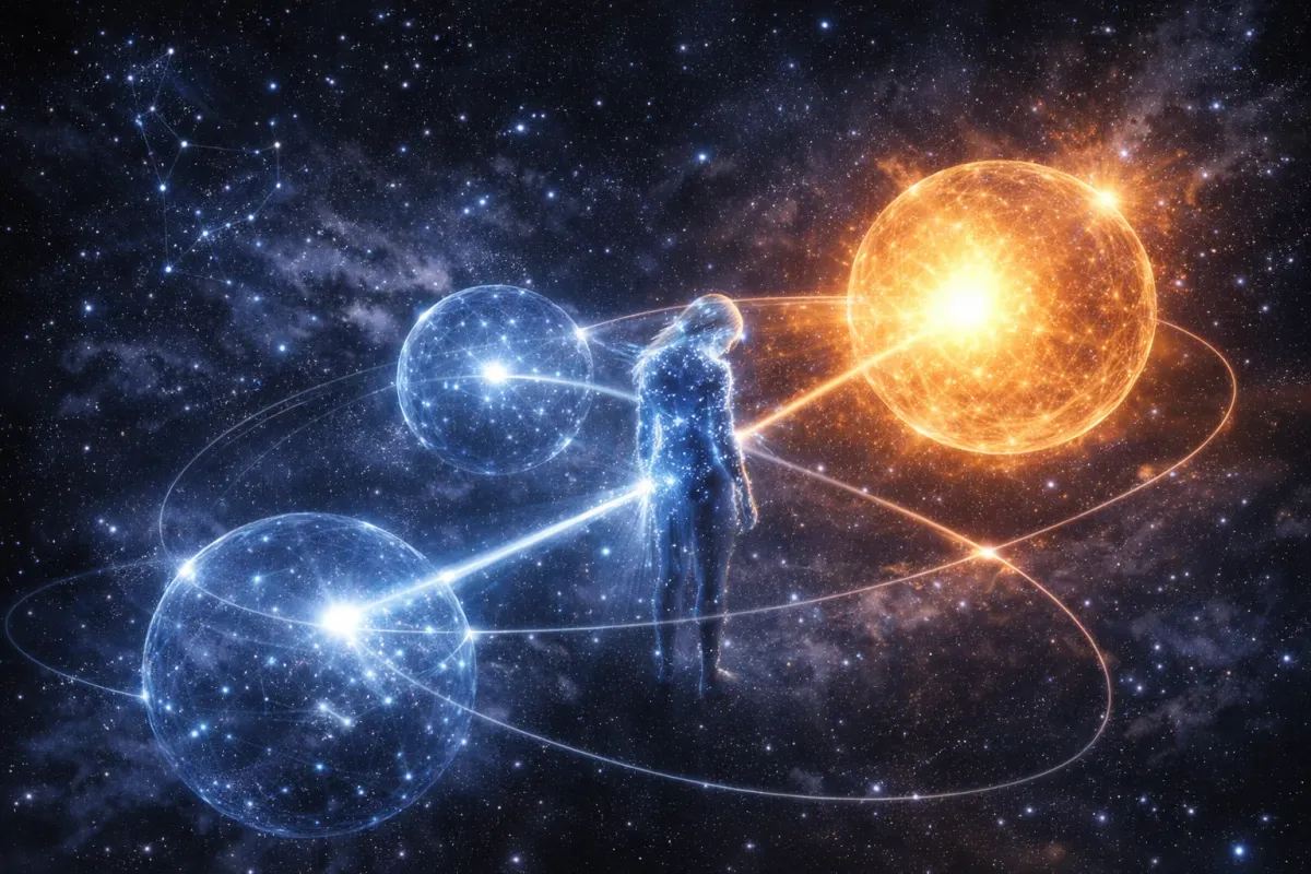A starlit figure standing between two blue spheres and a bright orange one, joined by beams inside an orbital ring