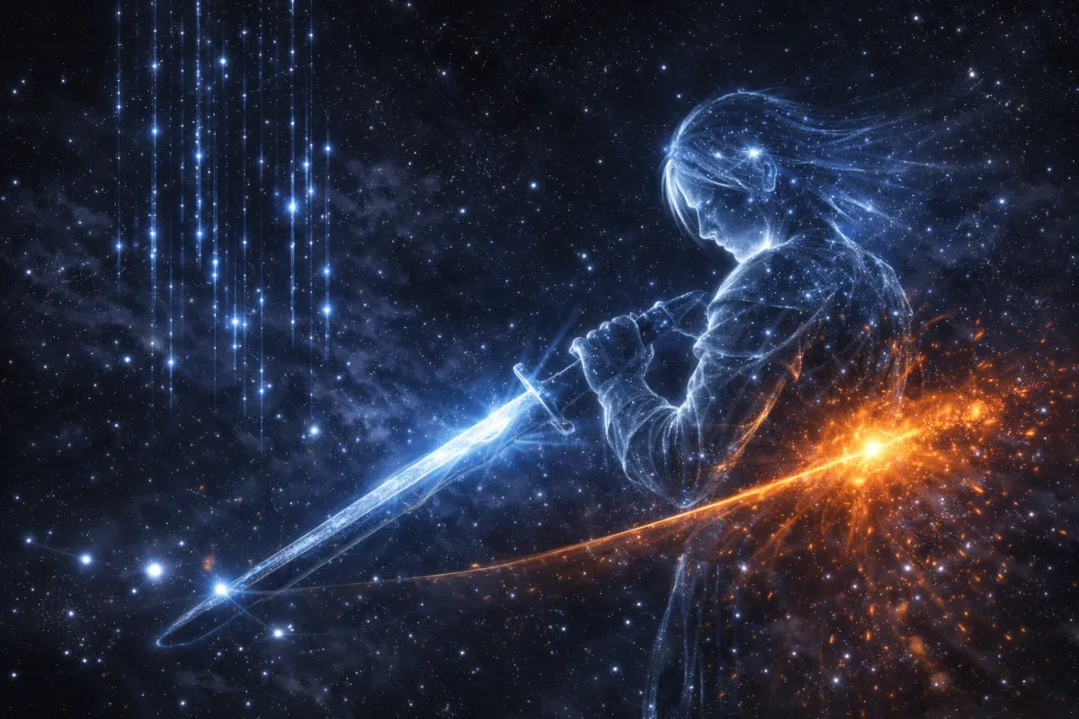 A starlight warrior lowering a long sword, its edge trailing an orange glow, falling streams of light behind