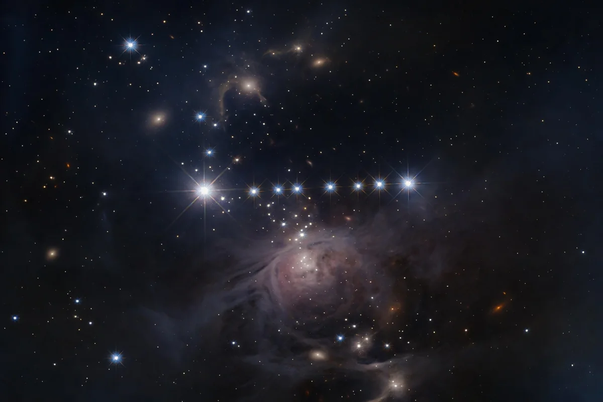 Mintaka: sextuple star system sitting on the celestial equator, the edge that defines true east