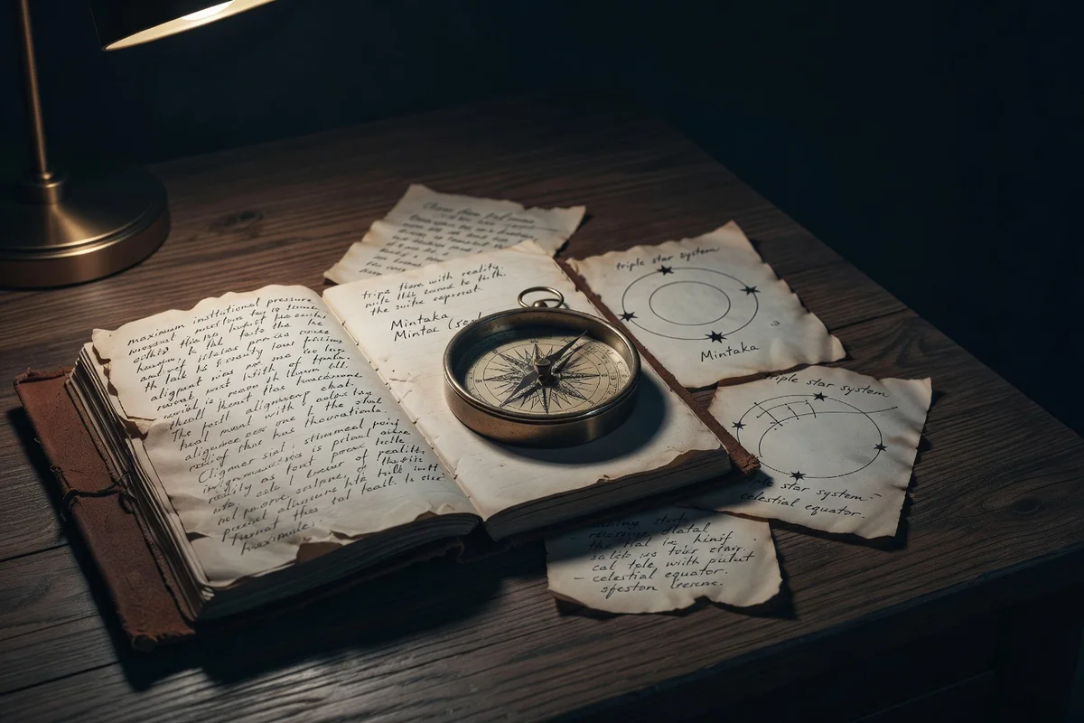 The complete five-star Orion journey: Betelgeuse through Mintaka, the Hunter's arc traced in starlight