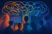 Multiple people with glowing, interconnected thought threads flowing into different monitors