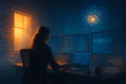 Developer working with AI assistance in a modern workspace with holographic code visualizations