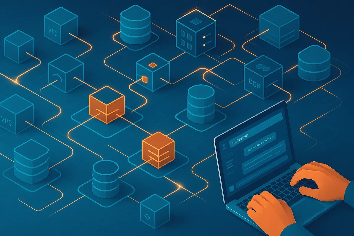 Isometric illustration of blue database and server blocks linked by glowing lines, two orange blocks highlighted, hands typing on a laptop in the corner