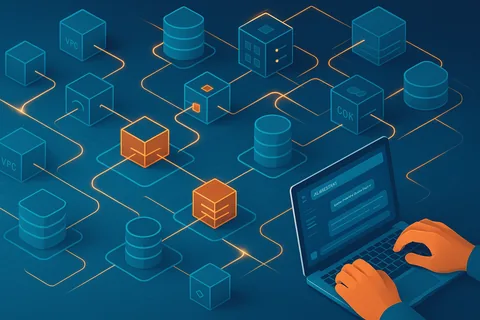 Sophisticated 3D visualization of AWS cloud infrastructure with interconnected services and data flows