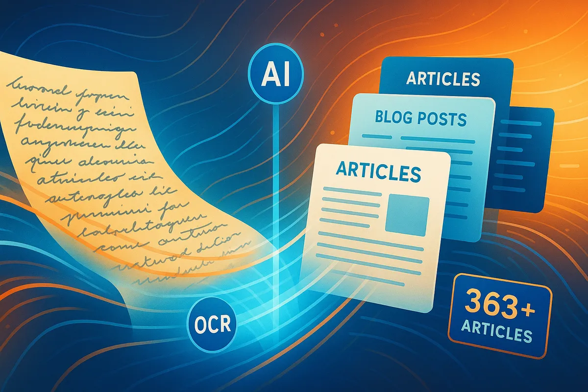 Illustration of a handwritten page passing through OCR and AI markers into stacked cards labeled Articles and Blog Posts, with a 363+ Articles badge
