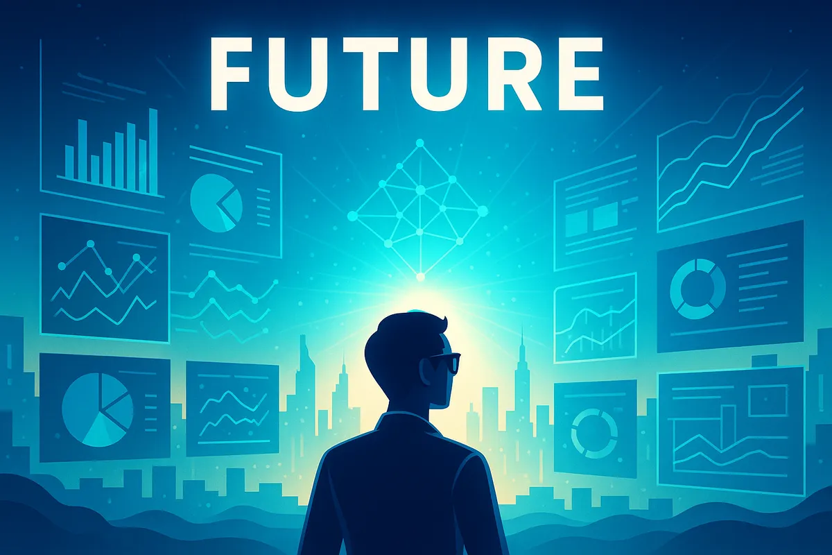 Illustration of a man seen from behind facing a glowing city skyline under the word Future, surrounded by floating chart panels