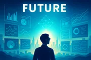 Futuristic landscape showing the evolution of software development with multiple timeline layers and holographic statistics