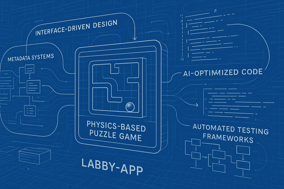 Blueprint-style illustration, not a real diagram: a tilting maze with a ball labeled Physics-Based Puzzle Game and Labby-App, ringed by labels for interface-driven design, metadata systems, AI-optimized code and testing