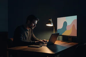 One person alone at a desk late at night, a laptop and a second screen glowing with a retro web page layout under a warm lamp