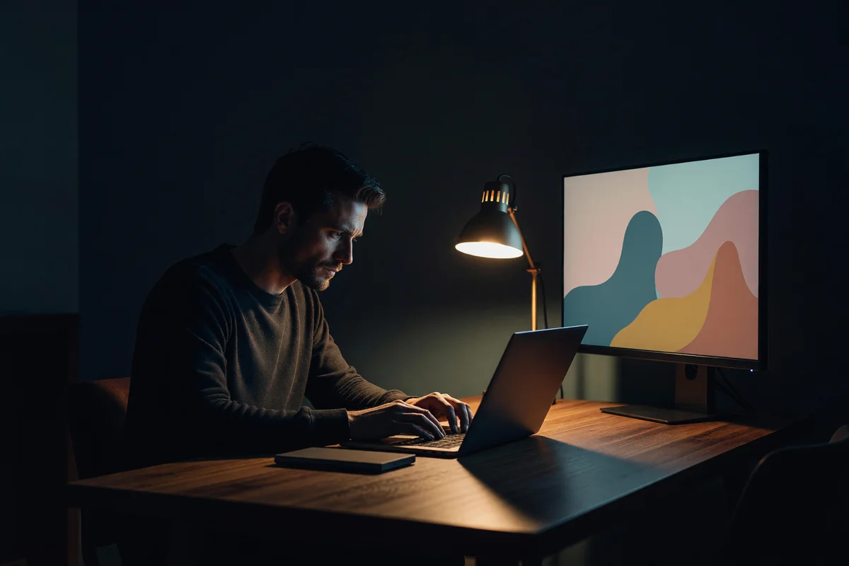One person alone at a desk late at night, a laptop and a second screen glowing with a retro web page layout under a warm lamp