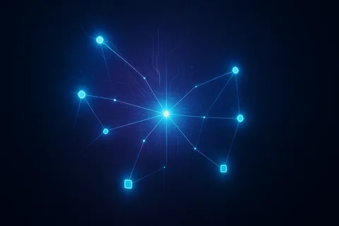 Glowing blue nodes joined by thin lines like a constellation on a dark background, one bright point at the center