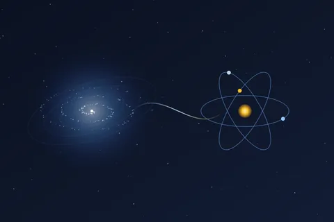 An abstract spiral galaxy joined by a luminous seam to a gold-nucleus atom, illustrating AWS as grand-scale math and Kubernetes as small-scale physics, two ends of one spectrum