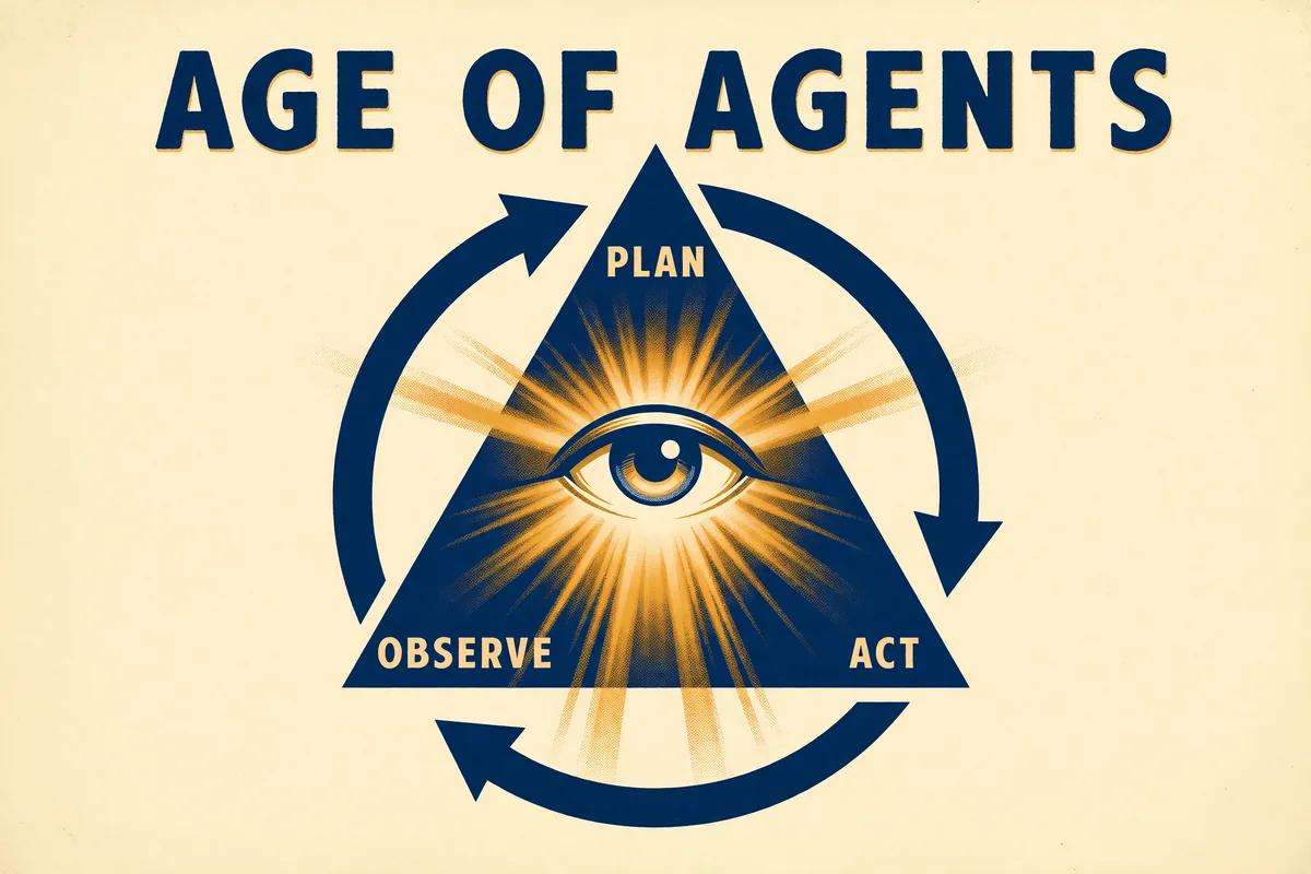 Vintage sci-fi poster of an all-seeing eye inside a triangle labeled Plan, Observe, and Act, titled Age of Agents
