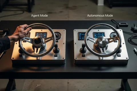 Two matching steering-wheel control panels on a bench, labeled Agent Mode and Autonomous Mode, a hand gripping only the first