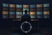 A lone engineer silhouetted against a wall of glowing parallel terminal windows, with a luminous closed loop of light in the foreground evoking a specify-delegate-verify-record cycle