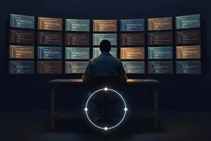 A lone engineer silhouetted against a wall of glowing parallel terminal windows, with a luminous closed loop of light in the foreground evoking a specify-delegate-verify-record cycle