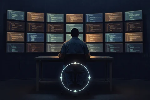 A lone engineer silhouetted against a wall of glowing parallel terminal windows, with a luminous closed loop of light in the foreground evoking a specify-delegate-verify-record cycle