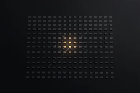 Hundreds of identical small tiles fading into the dark, with only a handful at the center lit in warm amber and connected by faint lines, evoking a sprawling system reducing to a few core primitives