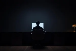 A lone silhouette sitting at night before one glowing screen in a dark room, watching rather than working.