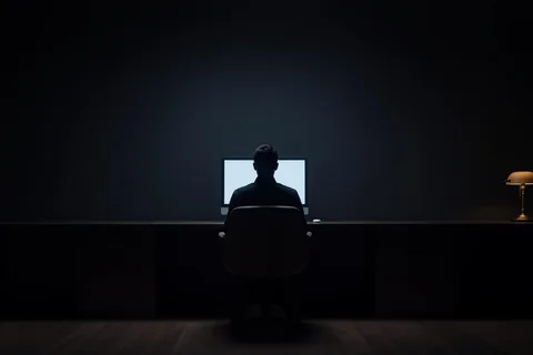 A lone silhouette sitting at night before one glowing screen in a dark room, watching rather than working.