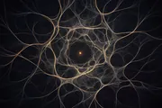 A single steady point of warm light at the center of a vast dark web of fine interconnected filaments, oriented and calm inside complexity.