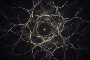 A single steady point of warm light at the center of a vast dark web of fine interconnected filaments, oriented and calm inside complexity.