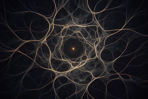 A single steady point of warm light at the center of a vast dark web of fine interconnected filaments, oriented and calm inside complexity.