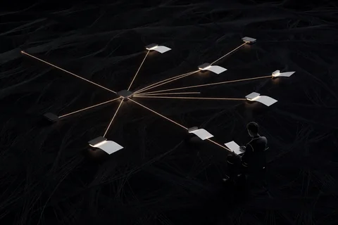 A single voice line entering a small router that fans out to a few specialist roles, each producing a clean document, with one short daily brief returning to a calm figure.