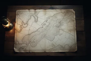 A weathered hand-drawn map of a vast interconnected terrain, lit by a single warm lantern, with coastlines and routes emerging out of dark uncharted space.