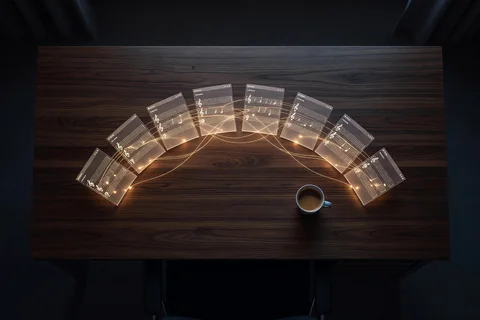 A desk at night with glowing terminal panels fanned out like a conductor's score, the parallel work of directing AI agents