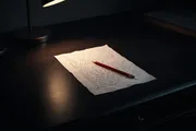 A manuscript page under lamplight with a red editing pencil, evoking catching tells in writing