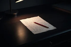 A manuscript page under lamplight with a red editing pencil, evoking catching tells in writing