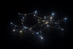 A constellation of small glowing nodes connected by light in the dark, evoking independent services working as one system