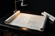 A code diff rendered as an architectural blueprint under a reviewer's lamp