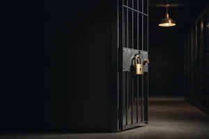 A brass padlock on a dark gate in a server corridor, evoking a password gate at the edge