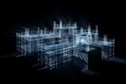 A luminous construction scaffold of light assembling a structure in the dark, evoking a site rebuilt by an AI agent